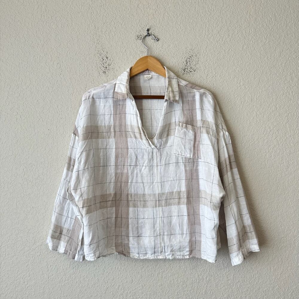 LINTICO Top Beige Plaid Linen Relaxed Fit Cropped Popover Blouse